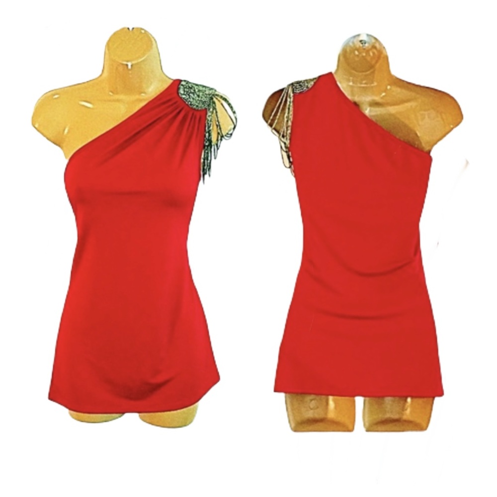 RED ONE SHOULDER BEADED TOP/DRESS - Picture 1 of 5